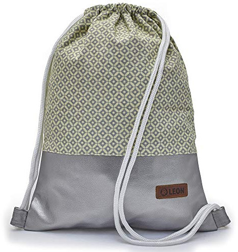 By Bers Leon großer Premium Turnbeutel mit Innentaschen Rucksack Tasche Damen Herren Teenager Gym Bag Draw String 45x34cm für Sport Reise Alltag Einkauf (KaroGrau_SilberMetallicPU)