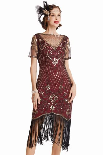 Coucoland 1920s Kleid Damen Kurz Fransen Ärmel Rund Ausschnitt Flapper Kleid 20er Jahre Paillettenkleider Great Gatsby Cocktail Party Damen Fasching Kostüm Kleid