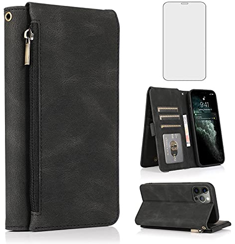 Asuwish Compatible with iPhone 12 Pro Max 6.7 Wallet Case Tempered Glass Screen Protector and Zipper Leather Flip Cover Card Holder Stand for iPhone12promax 5G i 12s Plus iPhone12 12pro Promax Black