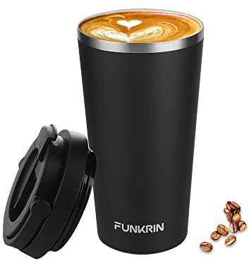 Funkrin Insulated Coffee Mug with Ceramic Coating, 16oz Iced Coffee Tumbler Cup with Flip Lid and Handle, Double Wall Vacuum Leak-Proof Travel Mug for Office School Party Camping