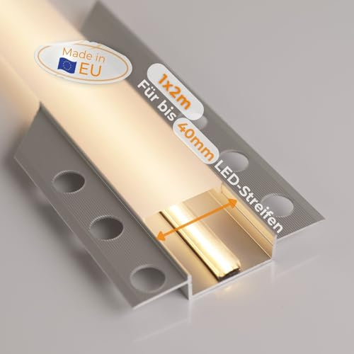 Alupona Kizar40 LED Trockenbauprofil I 1x 2 m I Langlebige Aluminium Profilleiste für LED Streifen bis 37 mm Breite I Perfekt für Rigipsplatten I Trockenbauschiene + Acryl Abdeckung milchig
