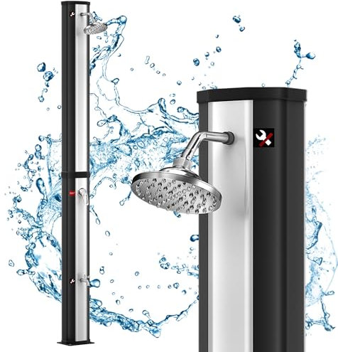 YUENFONG 35 Liter Solardusche Gartendusche, Außendusche Warmwasser max. 60°C, Pooldusche mit Regenduschkopf passend für handelsübliche Gartenschläuche, Garten, Schwarz+Silber