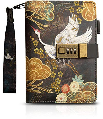 PORRASSO A6 Carnet de Notes Journal Intime avec Serrure Rétro Étanche Bloc Notes PU Rechargeable Cahier avec Porte-stylo 80 Feuilles 18.5x13 CM Grue