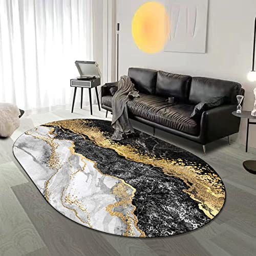 SRTJURFG Modernes Design Teppich Indoor & Outdoor, Oval Anti-Rutsch Teppiche Abstraktes schwarzes Gold Kinderteppiche Flauschige Groß Schutzmatten 90 X 160 cm