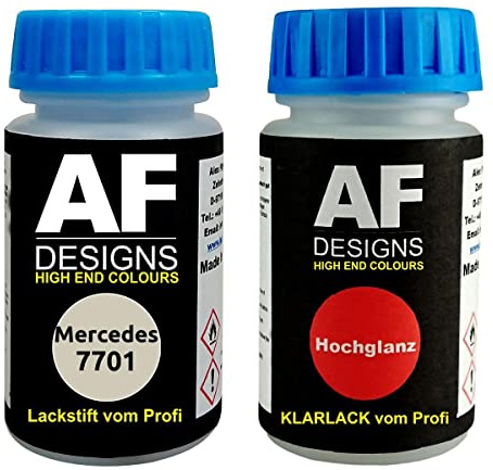 Alex Flittner Designs Stylo de retouche compatible avec Mercedes/Daimler Benz 7701 Kieselgrau + Set de peinture automobile comprenant vernis transparent et peinture de base, 50ml chacun