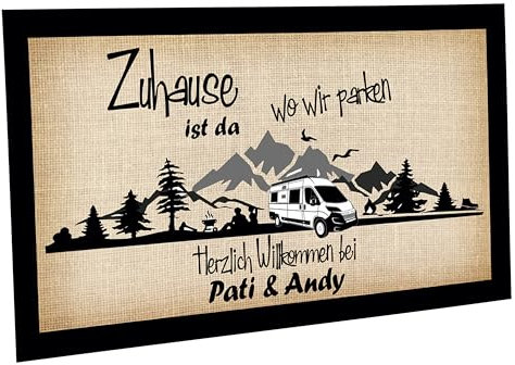Crealuxe Fussmatte für Camper - Zuhause ist da wo wir parken (Wunschname) - Motiv Kastenwagen - für Wohnwagen, Wohnmobil, Stufenmatte, Trittstufenmatte, Eingangsbereich oder Trittstufe
