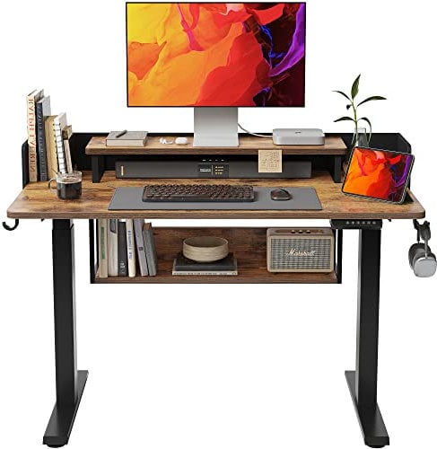 FEZIBO 120 * 60cm Standing Desk Adjustable Electric Height with Drawers, Double Storage Shelves Stand Up Desk, Home Office Workstation Sit Stand up Desk (Rustic Brown)