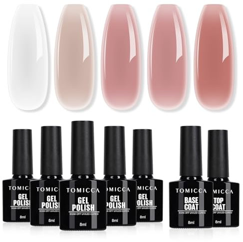 TOMICCA Jelly Gel Nail Polish Set 7PCS Milky White Nude Pink Gel Polish Starter Kit with No Wipe Top and Base Coat Translucent Soak Off UV DIY Home Manicure Kit Gift for Women Girls