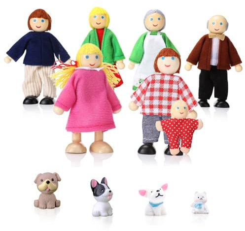 DUOCIYUAN Ensemble Famille Poupées en Bois pour Maison 11 Pièces Personnages de Maison de Poupée avec Chat et Chien pour Accessoires de Jeu de Rôle et Cadeau