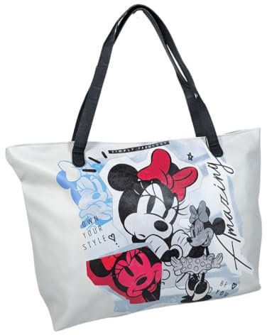 mybagstory Einkaufstasche – Minnie Mouse – Disney – Damen – Teenager – Strand – Einkauf – Schule – College – Größe 52 cm – Hosenträger, grau