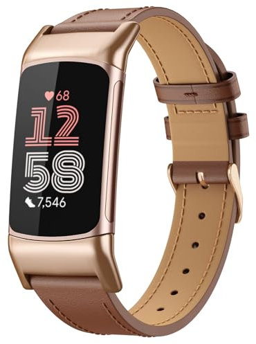 MoKo Leder Armband Kompatibel mit Fitbit Charge 6/Fitbit Charge 5 für Damen Herren, Echtes Leder Ersatzarmband Uhrenarmband Lederarmband, Braun