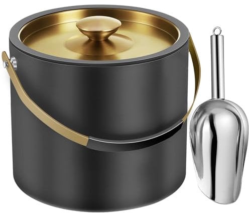 3.2L Moderner isolierter Eiskübel mit Silikondeckel, Schaufel, Sieb, doppelwandiger Eiskübel aus Edelstahl für Partys & Cocktailbar, ideal als Geschenk(Schwarz)