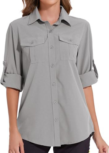Tuopuda Damen Hemdbluse UV Shirt UPF 50+ Safari Kleidung Wanderbluse Damen Outdoor Cooling Quick Dry Sonnenschutz Langarm, Grau, L