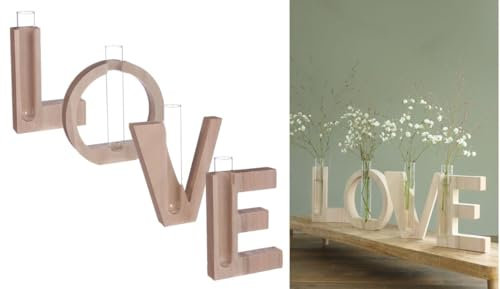 NaDeco Dekovase Love aus Holzbuchstaben mit Vaseneinsatz 39 x 3 x 13,5 cm | Deko Vase | Dekovase mit Holzständer | Holz-Vase | Holz-Haus Vase | Tischdeko | Buchstaben Vase | Love Deko