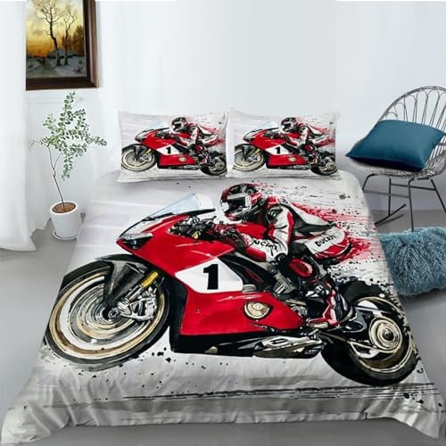 ZZTBQ Bettwäsche für Kinder 135x200 Kinderbettwäsche Bettbezug und Kissenbezug-Set Motorrad Muster Cool Motorrad Motorrad Fahrer Einzelbettwäsche Set
