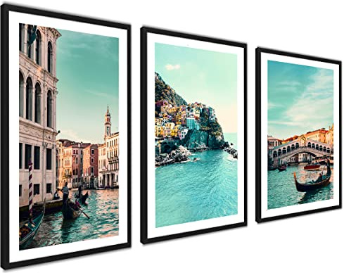 3er Set Poster 40x50cm Mit Rahmen Schwarz Wanddeko Wohnzimmer Schlafzimmer | aItalien Sommer Türkis Meer Venice Italien Küste Wandbilder, Ideal als Geschenk, Modernes Design, Hochwertige Qualität, Flur