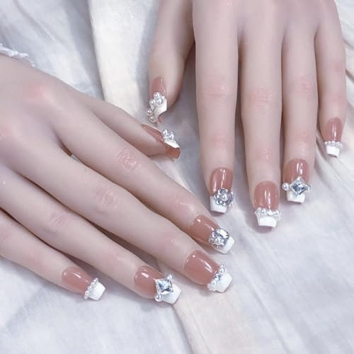 Pure Handmade Press on Nail Reusable Fake Nails Custom press on nails for weddings Stick on Nails French Tip False Nails 10pcs 3D Nail (Q026 S)