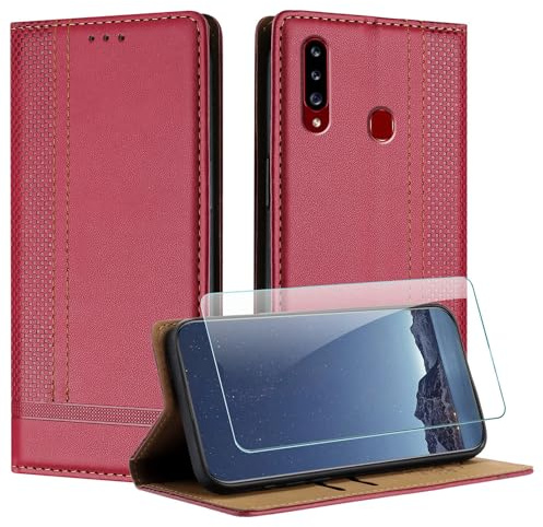 JayModCase Hülle für Samsung Galaxy A20S und Schutzfolie, Premium Leder Flip Schutzhülle mit [Kartenfächer] [Ständer] [Stoßfest] [Magnet] Handyhülle für Samsung A20S - Rot