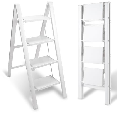 Eulenke Escalera plegable de aluminio, 4 escalones, escalera de pie ligera, escalera de aluminio de 4 escalones, plegable, antideslizante con protección plegable, escalera plegable para el hogar,