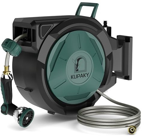 KUPAKY Einziehbare Gartenschlauchtrommel, 1,27 cm x 30,5 m, automatische Wasserschlauchtrommel, robuste Wandschlauchtrommel, Verriegelung in jeder Länge, langsames Rücklaufsystem, 180° drehbare