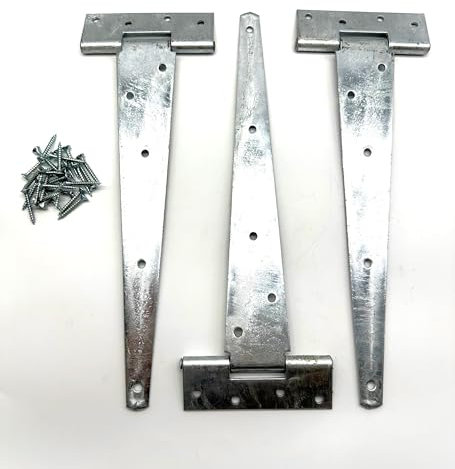 3PK Heavy Duty Hot Dipped Galvanised Tee Hinges with Fixings. Strong T-Hinges for Garden Gates, Sheds and Doors. Corrosion and Weather Resistant External Hinge Pack of 3 with Screws.