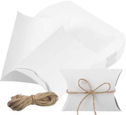 50 Pezzi Scatoline Portaconfetti Bianco Cuscino di Bomboniere Scatole in Carta Kraft con Corda di Canapa