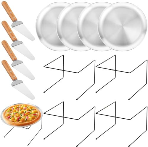12 Pcs Pizza Pan Riser Stands Sets Includes 4 Metal Pizza Table Stands 4 Pizza Pan and 4 Wood Handle Pie Server, Pizza Rack Stand Pizza Tray for Pizza Dessert Cheese (Silver)