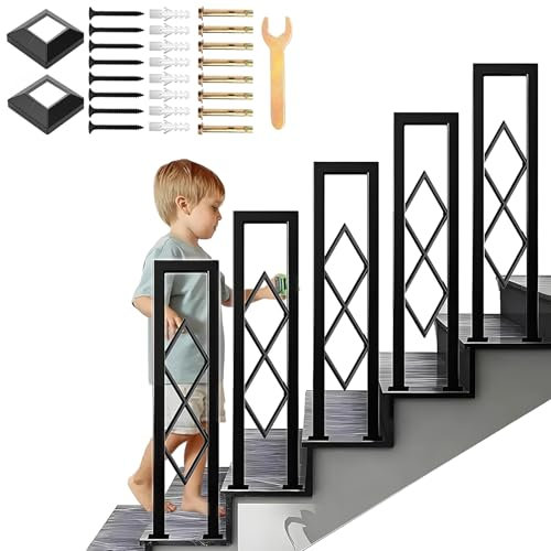 Corrimano a Forma di U Ringhiera per Scale, Balaustra in Ferro Battuto Recinzione Decorativa con Motivo a Diamante, Corrimano di Sicurezza per Corridoio, Soppalco, Gradini Esterni (Nero, 90cm)