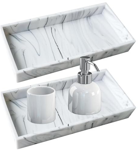 Silicone Bathroom Tray Organiser, 2 Pcs Marble Bathroom Vanity Tray for Cosmetics, Shatterproof Sink Trays, 20×10cm Small Bathroom Decorative Trays, Countertop Organizer for Kitchen Sink