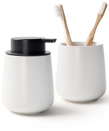BosilunLife Seifenspender Keramik, 350ml Spülmittelspender Nachfüllbar, mit Zahnbürstenhalter, Großer Pumpenkopf für Leichtes Pressen, für Küche, Bad, Arbeitsplatte (Weiß, Flüssigseifenspender)