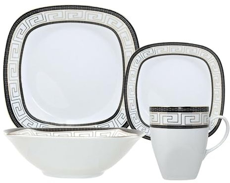 Reldor 16-Piece Square Porcelain Dinner Set for 4– 4 Dinner Plates and Bowls Set with 4 Side Plates & Mugs, Dishwasher Safe, Highly Resistant Dinnerware, Kitchen & Dining - Aztec Design