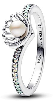 PANDORA Disney Prinzessin Arielle Muschel Behandelte Süßwasserzuchtperle Ring aus Sterling Silber mit Zirkonia, Größe: 56, 193654C01-56