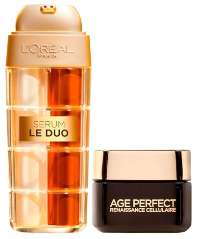 L'Oréal Paris Age Perfect Anti-Aging-Serum Le Duo aufhellend und straffend mit Kollagen Vitamin C und B3 30 ml + Age Perfect Renaissance Cellulaire revitalisierende Gesichtscreme mit schwarzem Tee