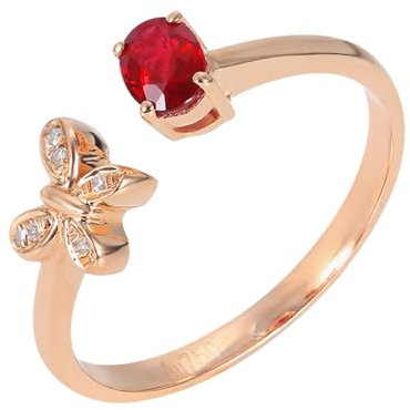 Skcess 18 Karat Roségold Eheringe Rot Rubin Oval, Partner Ringe Schmetterling mit 0,33 ct Rotem Rubin und Diamant Ringe Frauen Größe 67 (21.3)