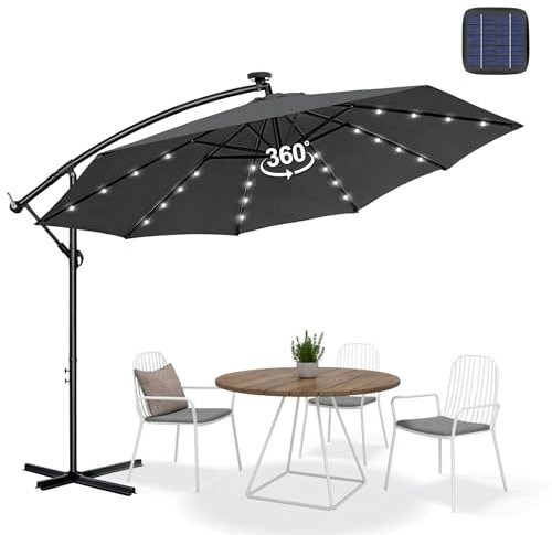 Sonnenschirm Ø300 cm mit LED | Ampelschirm Gartenschirm UV-Schutz & wasserdicht | Kurbelschirm Marktschirm 360° drehbar & windstabil | Sonnenschutz für Garten & Terrasse – Anthrazit