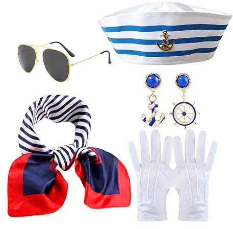 Jingmiger Sailor Damen-Outfit, Kostüm-Zubehör | Kostüm Set für Erwachsene mit Scarpe-Sonnenbrille | 5 x nautisches Outfit für Mardi Gras Marri Weihnachten Sommer