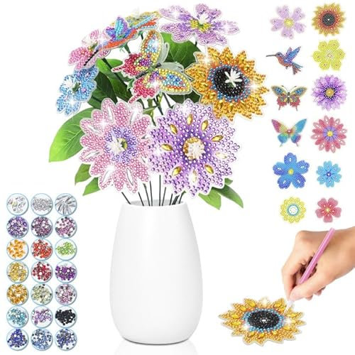 GENHH Diamante Pittura Bouquet di Fiori, Fiore Ragazze Artigianali 8 6 7 9 10 Anni, Kit Artigianali DIY per Bambini Regali Creativi per Bambini di 5 6 7 8 9 10 Anni