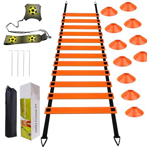 Lonsien Kit Entrenamiento Futbol Escalera de Agilidad 6M 12 Conos Entrenamiento y Fussball Trainer mit Schnur Escaleras de Coordinación para Niños y Adultos