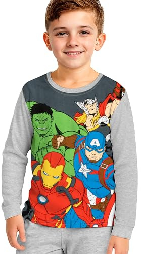 Marvel The Avengers Schlafanzug für Jungen - Kinder Pyjama Set Langarm Oberteil mit Hose Grau