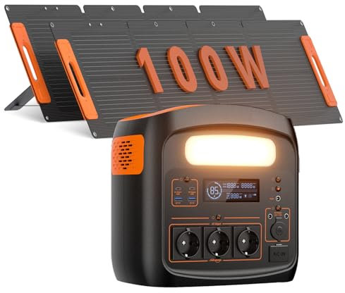 Tragbare Powerstation Mit 100W Solarpanel x 2, Solargenerator 1500W (3000W Spitzenleistung), 1102,5Wh LiFePO4 Akku, PD 100W, USB-C/AC/DC, Solarladung, für Camping, Notstrom, Outdoor (1500W+2x100W)