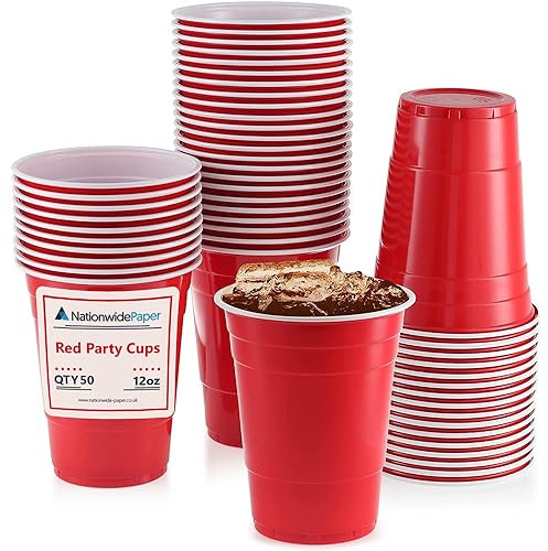 Nationwide Paper Red Plastic Party Cups 12oz/355ml – Reusable Drinkware with Measurement Marks for Parties, BBQs & Events (50 Pack)
