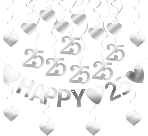 19 Stück Wirbel Deko Silber Spiralen Girlande, Folien Deckenhänger Party Luftschlangen, 25. Geburtstag Silberne Hochzeit Silberhochzeit Deko Deckenhänger Hängedekoration Herzen Spiral Girlanden