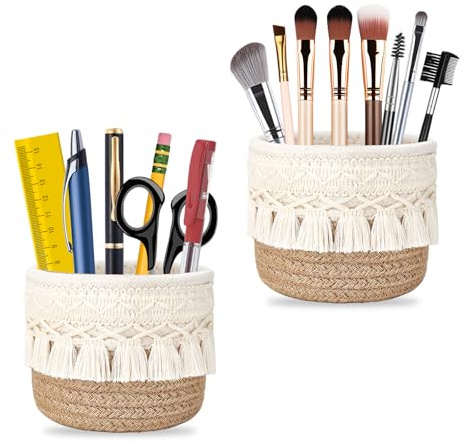 2 Stück Makramee-make-up-pinselhalter 10 × 10 cm, Boho Kosmetikpinselhalter | Mini-Aufbewahrungskorb, Pinselhalter Kosmetik, Pinsel Aufbewahrung zum Ordnen von Make-up-Pinseln und Schreibwaren