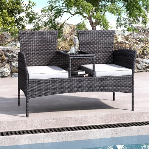 KeepGoon Doppel-Rattan-Bank, Gartensessel für 2 Personen, mit Glastisch und weißen Kissen, 2-Sitzer-Sofa für Terrasse, Balkon oder Terrasse (Braun)