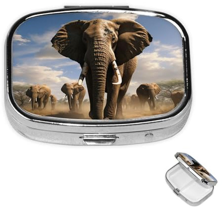 Pillendose, klein, Medizin-Organizer mit 2 Fächern, wilder Elefant, Pillendose für Tasche oder Geldbörse, Mini-Metall-Pillenhalter, tragbarer Reise-Pillenbehälter für Nahrungsergänzungsmittel und