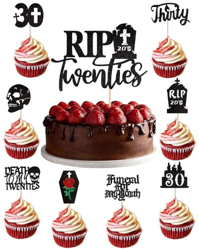 HUVZOR 9PCS Cake Topper Geburtstag 30, Rip Twenties Tortendeko 30 Geburtstag Frau Mann, Rip 20s Deko, Death to My Twenties Tortenaufsatz, Kuchendeko Geburtstags 30