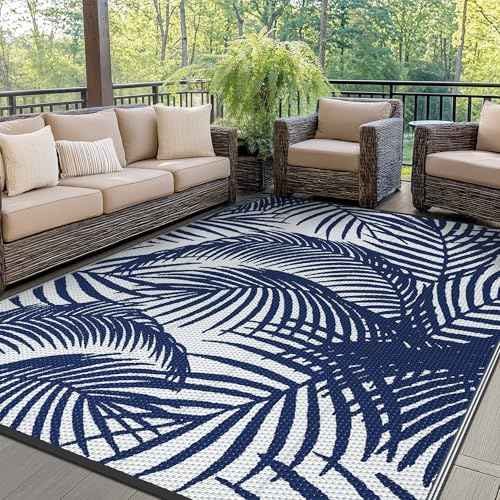 GENIMO Outdoor Teppich Wetterfest 180x275cm Palmenblatt Tropisch Marineblauweiß