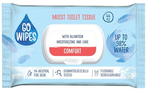 GOWIPES Comfort Feuchtes Toilettenpapier/ 98% Wasser/dermatologisch getestet/pH-neutral/biologisch abbaubar/ 44 Stück/Flip-Top/hypoallergen/für Kinder und Erwachsene