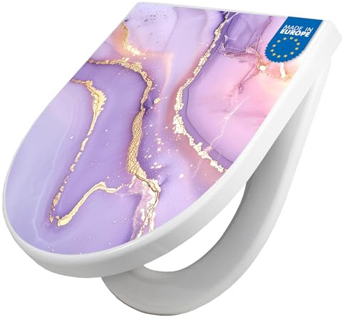banjado WC Sitz mit Absenkautomatik D Form - Toilettendeckel mit Absenkautomatik D Form - Klodeckel Softclose - stabile Klobrille - Toilettensitz Weiß - Motiv Lila Marmor mit Gold 3