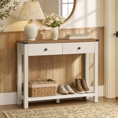 VASAGLE Konsolentisch Schmal, mit Schubladen, 100 x 24 x 76 cm | Flurtisch aus Holz, Beistelltisch, für Flur und Wohnzimmer, Modern Farmhouse, Weiß und Gelbbraun, LIRY Kollektion LNT141W101